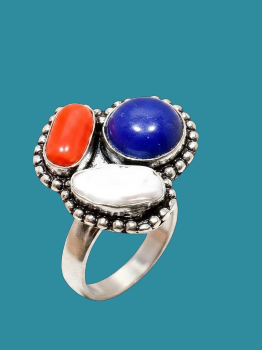 Lapis Lazuli, Red Coral, and Biwa Pearl Handmade Ring Size 7.5